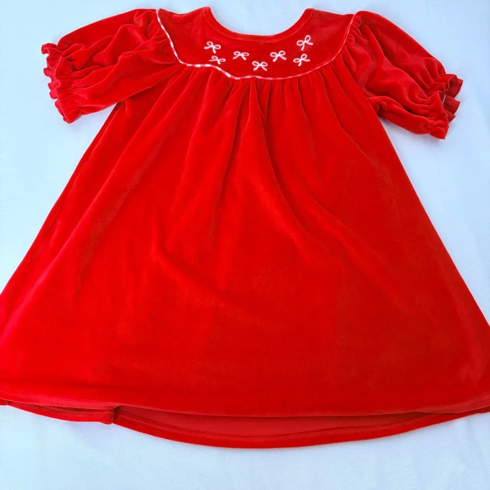 Abby & Evie Girls Red Velvet Bow Embroidered Babydoll Holiday Dress‎ Size 8
